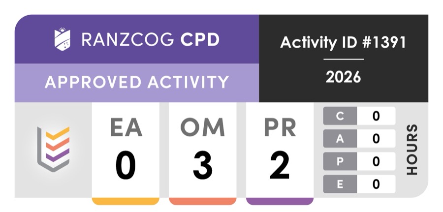 RANZCOG CPD Approved Activity badge, Activity ID #1391, 2026: 3 Outcome Measurement hours and 2 Performance Review hours